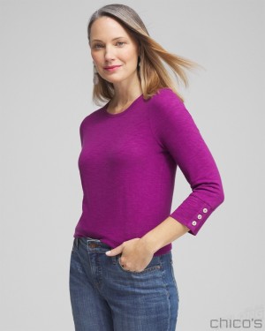 Chico's 3/4 Sleeve Button Tee Tees & Tanks Fresh Plum | 314-TBIQMF