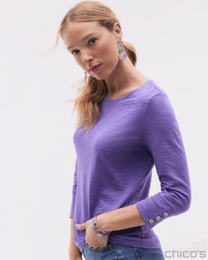 Chico's 3/4 Sleeve Button Tee Tees & Tanks Parisian Purple | 561-QAPRHE