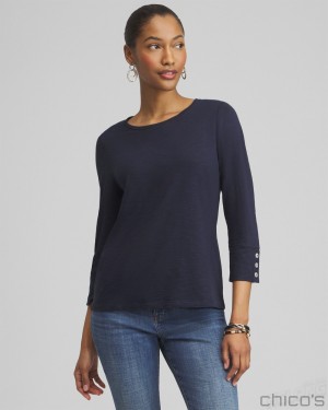 Chico's 3/4 Sleeve Button Tee Tees & Tanks Classic Navy | 859-BRGADO