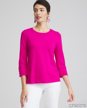 Chico's 3/4 Sleeve Button Tee Tees & Tanks Magenta Rose | 957-AEJGOH