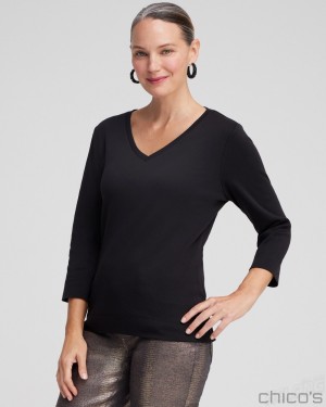 Chico's 3/4 Sleeve Tee Tees & Tanks Black | 459-GKXWOU