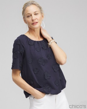 Chico's 3D Applique Bubble Hem Top Tees & Tanks Classic Navy | 140-HEBUZJ