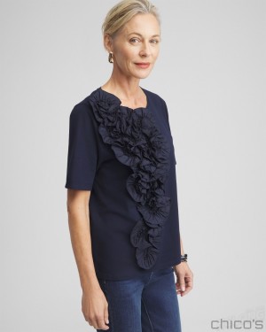 Chico's 3D Floral Applique Ruffle Tee Tees & Tanks Classic Navy | 386-LPYHJZ