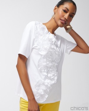 Chico's 3D Floral Applique Ruffle Tee Tees & Tanks Alabaster | 389-PYZUOE