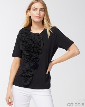 Chico's 3D Floral Applique Ruffle Tee Tees & Tanks Black | 915-SYIVWQ