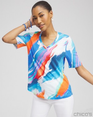 Chico's Abstract Elbow Sleeve A-line Tee Tees & Tanks Intense Azure | 431-DGNKAH