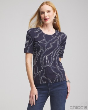 Chico's Abstract Everyday Elbow Sleeve Tee Tees & Tanks Classic Navy | 368-GMPOTI