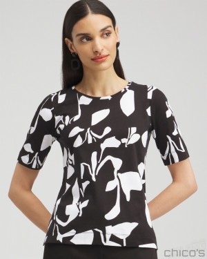 Chico's Abstract Everyday Elbow Sleeve Tee Tees & Tanks Black | 963-NUGJZI