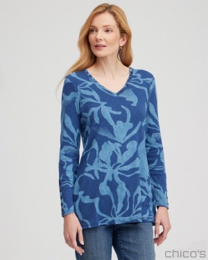 Chico's Abstract Print Button Detail Tunic Tees & Tanks Blue Echo | 759-DAWLQF