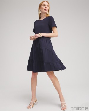 Chico's Asymmetrical Knit Woven Tiered Dress Dresses Classic Navy | 682-BWCDMV