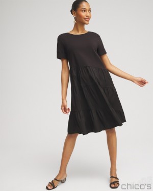 Chico's Asymmetrical Knit Woven Tiered Dress Dresses Black | 794-XYVFDZ