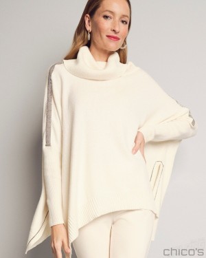 Chico's Ball Chain Knit Poncho Tops English Cream | 524-LZKUQF