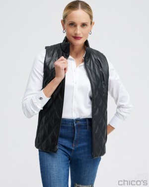 Chico's Black Faux Leather Quilted Vest Jackets & Coats Black | 586-OTFPGK