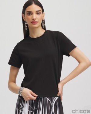 Chico's Black Label Cotton Stretch Tee Tops Black | 087-JKBRCT