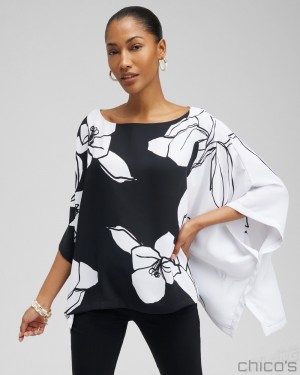 Chico's Black and White Floral Poncho Tops Black/White | 048-VFUPBQ