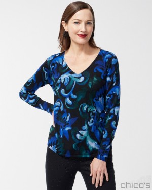 Chico's Blue Scrolls V-neck Pullover Sweater Sweaters Enchanted Forest | 240-ITZCUG