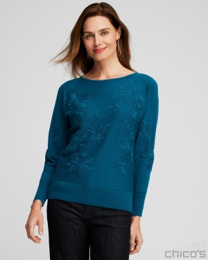 Chico's Blue Textured Floral Pullover Sweater Sweaters Moonlit Teal | 905-ZPVXUD