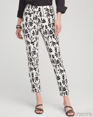 Chico's Brigitte Artisan Print Ankle Pants Pants Alabaster/Black | 964-DJLFEI