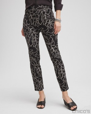 Chico's Brigitte Floral Print Ankle Pants Pants Black/Smokey Taupe | 781-TZRQCP