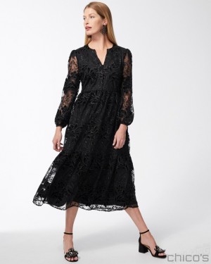 Chico's Burnout Floral Lace Midi Dress Dresses Black | 753-KTSZHV