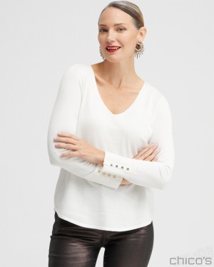 Chico's Button Cuff V-neck Pullover Sweater Sweaters Ecru | 940-RJBQEC