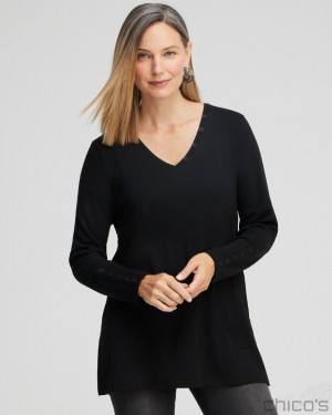 Chico's Button Detail V-neck Tunic Tees & Tanks Black | 578-UQJGTW