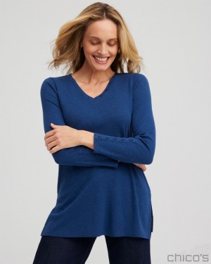 Chico's Button Detail V-neck Tunic Tops Azores Blue | 820-ZERVKG