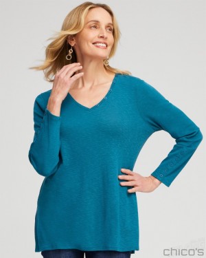 Chico's Button Detail V-neck Tunic Tops Moonlit Teal | 710-ZCUOIY