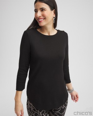 Chico's Button Trim Ribbed Tunic Tops Black | 193-BSUQJN