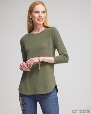 Chico's Button Trim Ribbed Tunic Tops Olive | 612-YDATRG