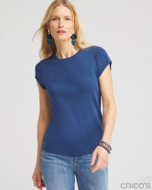 Chico's Cap Sleeve Tee Tees & Tanks Azores Blue | 963-KMCENY