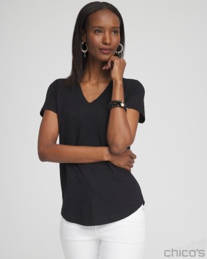 Chico's Cap Sleeve V-neck Tee Tees & Tanks Black | 348-IOCVTD