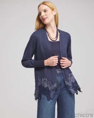 Chico's Cashmere Blend Lace Hem Cardigan Sweaters Dark Denim Heather | 975-JCQRKG