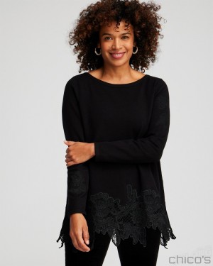 Chico's Cashmere Blend Lace Hem Pullover Sweater Sweaters Black | 674-SBLZAM