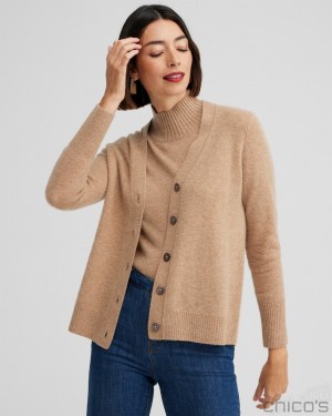 Chico's Cashmere Cardigan Sweater Sweaters Camel | 342-YVOQXU