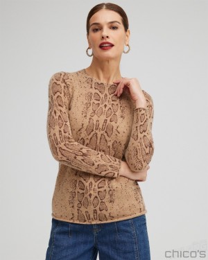 Chico's Cashmere Snake Crew Neck Sweater Sweaters Brown | 580-DCNAFP