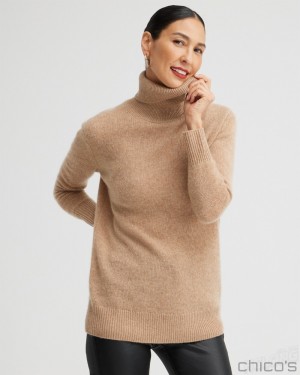 Chico's Cashmere Turtleneck Tunic Sweater Sweaters Camel | 742-POFUXZ