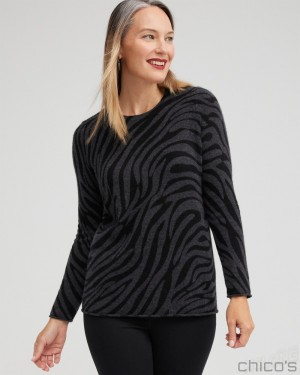 Chico's Cashmere Zebra Crew Neck Sweater Sweaters Dark Heather Grey | 714-FTPVBW