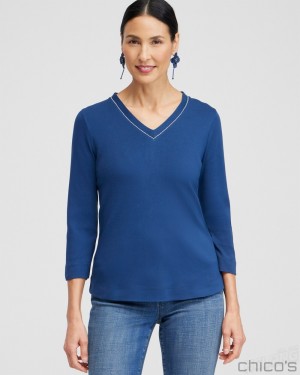 Chico's Caviar Bead 3/4 Sleeve Tee Tees & Tanks Azores Blue | 310-OVQCWZ