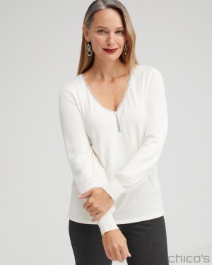 Chico's Caviar Trim V-Neck Pullover Sweater Sweaters Ecru | 297-CLDSKO