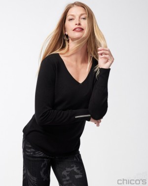 Chico's Caviar Trim V-Neck Pullover Sweater Sweaters Black | 830-GIVTAZ