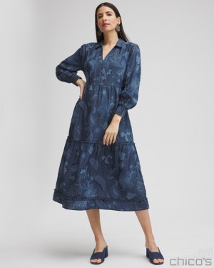 Chico's Chambray Fray Trim Tunic Dress Dresses Denim | 506-IAVWRK