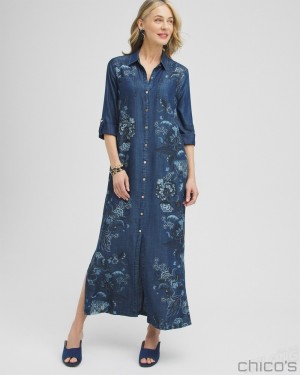 Chico's Chambray Roll Tab Floral Maxi Dress Dresses Blue | 192-CPLOVS