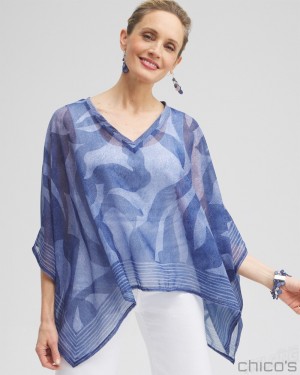 Chico's Chiffon Cool Abstract Poncho Ponchos & Ruanas Classic Navy | 124-KSNXQU