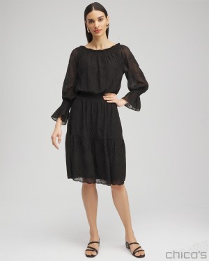 Chico's Chiffon Eyelet Dress Dresses Black | 097-ZQYKBH