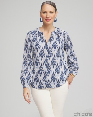 Chico's Chiffon Ikat Print Blouse Blouses & Shirts French Blue | 587-QPUMNA