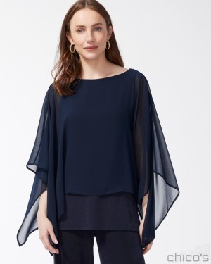 Chico's Chiffon Layered Top Tops Travelers India Ink | 015-NGZWHQ