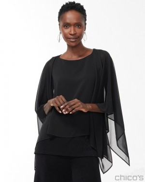 Chico's Chiffon Layered Top Tops Travelers Black | 078-LOSNRC