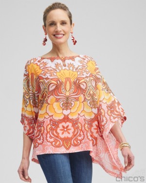 Chico's Chiffon Paisley Poncho Ponchos & Ruanas Coral Ice | 194-FCSTQI