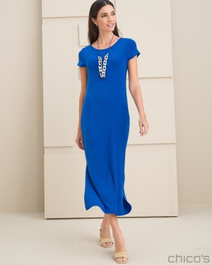 Chico's Classic Short Sleeve Maxi Dress Dresses Cosmic Cobalt | 701-RENSOX